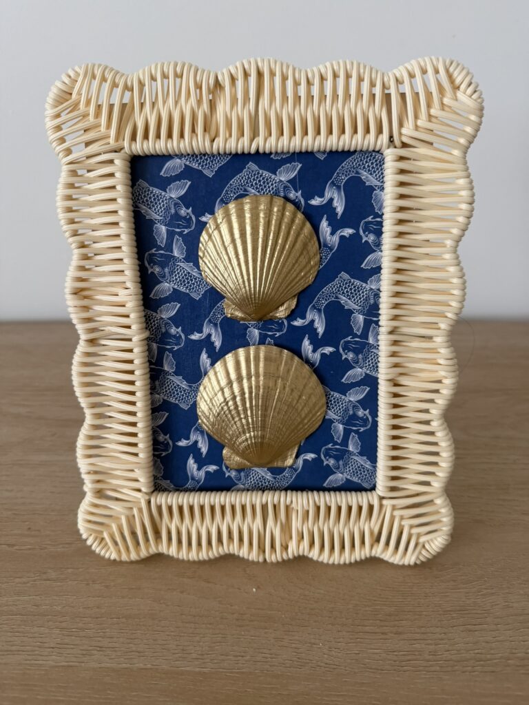 Gold Scallop Duo on Koi Fish Fabric in Wicker Frame