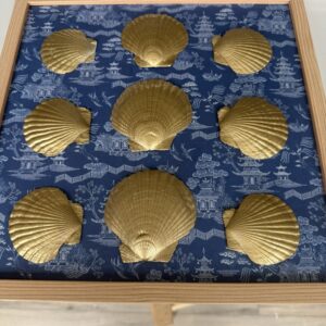 Golden Scallop Grid on Blue Chinoiserie Toile