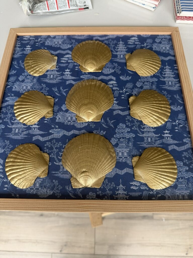 Golden Scallop Grid on Blue Chinoiserie Toile