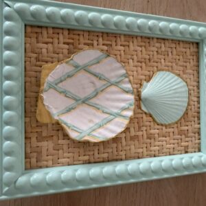 Bamboo Lattice Oyster and Scallop on Rattan in Seafoam Frame