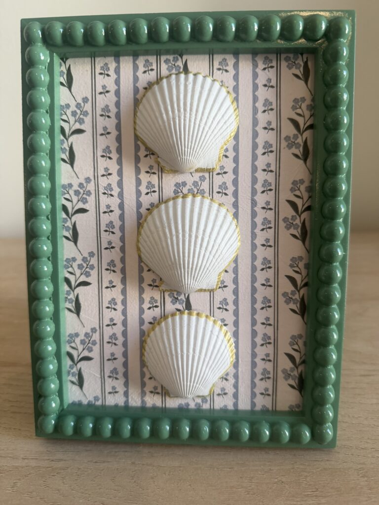 White Scallop Duo on Blue Floral Stripe in Green Beaded Frame