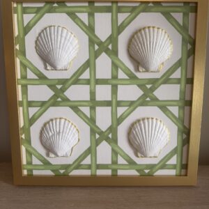 Gold-Rimmed White Scallop Quartet on Green Bamboo Lattice