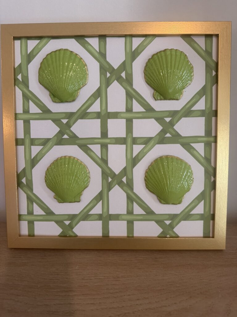 Lime Green Scallop Quartet on Green Bamboo Lattice