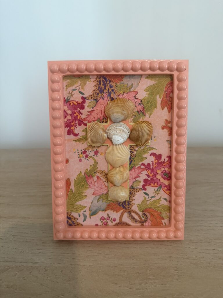 Shell Cross on Autumn Floral in Peach Beaded Frame