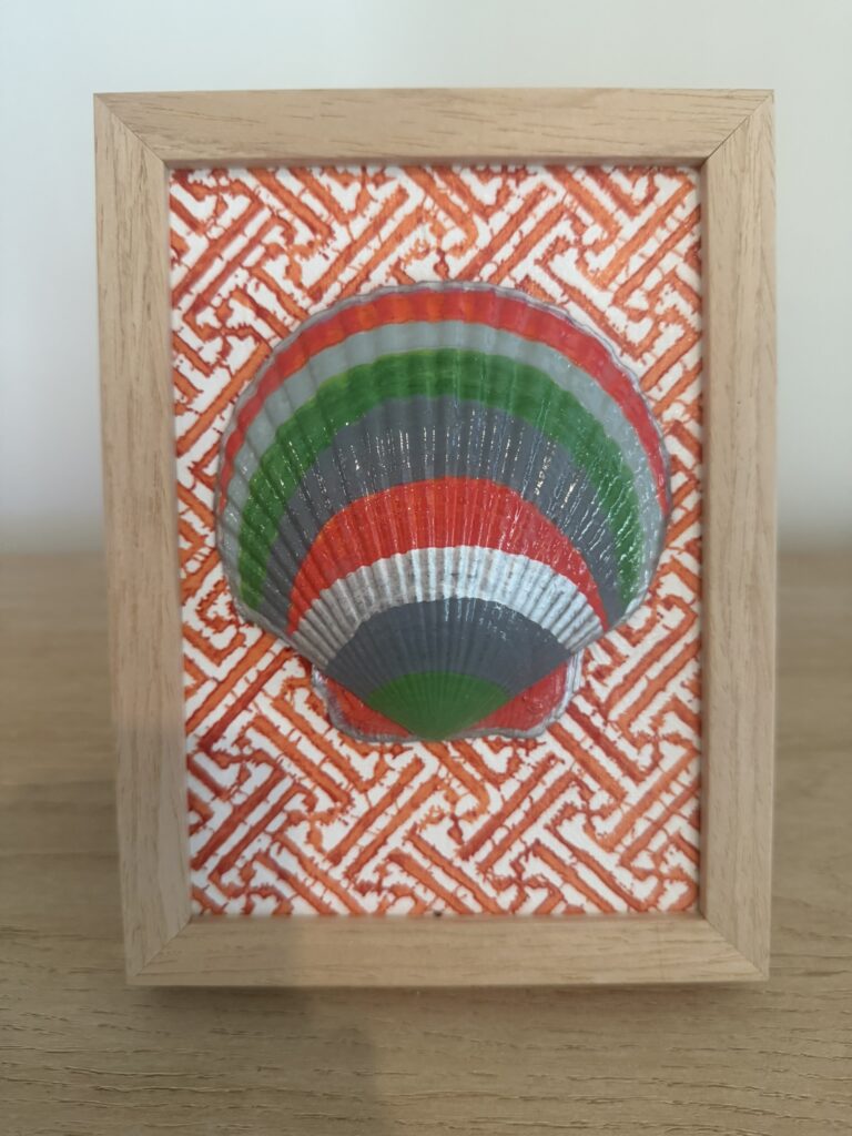 Red and Green Striped Scallop on Orange Fretwork