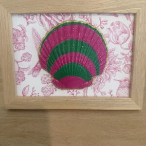 Fuchsia and Emerald Striped Scallop on Rose Toile