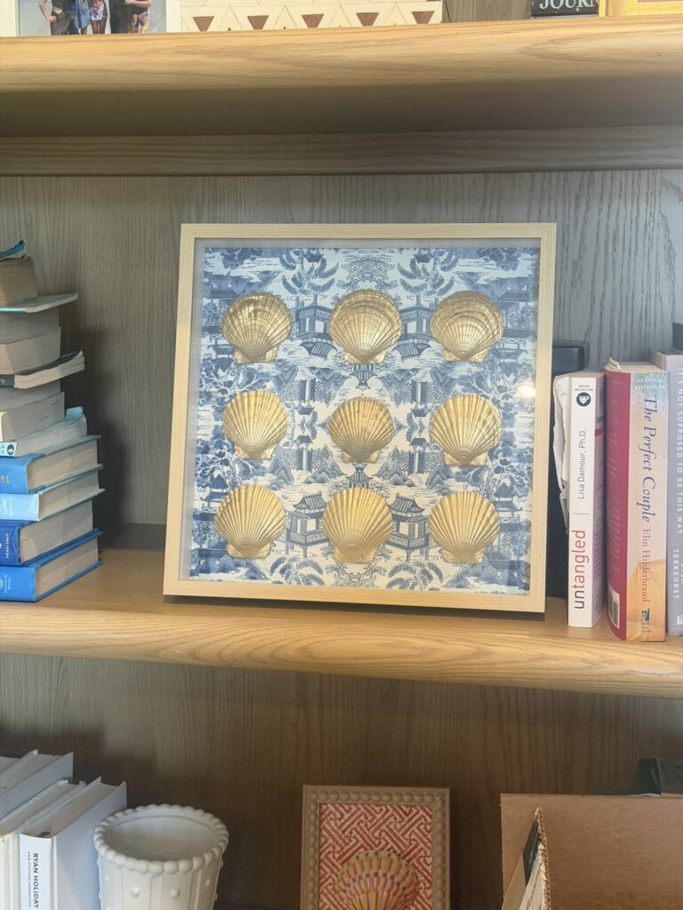 Golden Scallop Grid on Blue Chinoiserie Toile (Shelf Display)