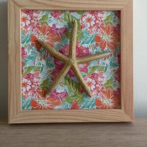 Gold Starfish on Tropical Hibiscus in Natural Wood Frame
