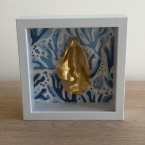 Gold Oyster on Blue Coral Print in White Shadow Box
