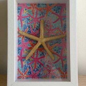 Gold Starfish on Pink Starfish Print in White Shadow Box