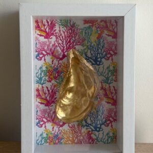 Gold Oyster on Rainbow Coral Print in White Shadow Box