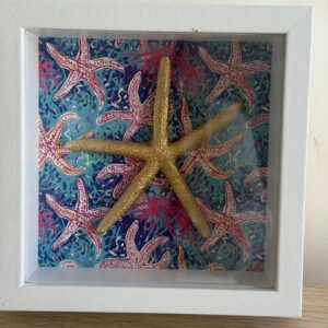 Gold Starfish on Teal Starfish Print in White Shadow Box