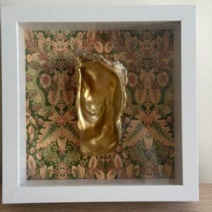 Gold Oyster on Green and Pink Floral Tapestry in White Shadow Box