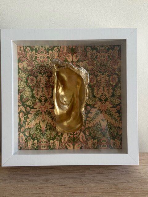 Gold Oyster on Green and Pink Floral Tapestry in White Shadow Box