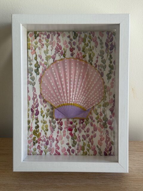 Pink Dotted Scallop on Watercolor Vine in White Shadow Box