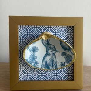 Chinoiserie Rabbit Oyster on Navy Lattice in Gold Frame