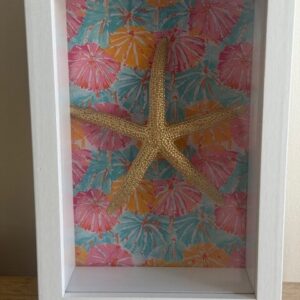 Gold Starfish on Pink and Teal Floral in White Shadow Box
