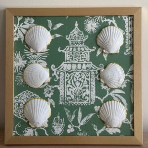 Gold-Trimmed White Scallop Quintet on Green Chinoiserie in Gold Frame