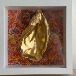 Gold Oyster on Coral Chinoiserie Floral in White Shadow Box