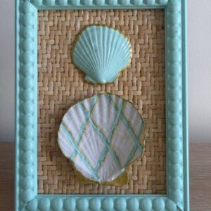 Seafoam and Gold Diamond Scallop Duo on Rattan in Mint Beaded Frame