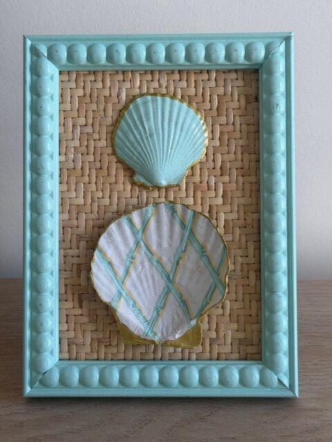 Seafoam and Gold Diamond Scallop Duo on Rattan in Mint Beaded Frame