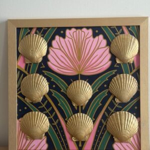 Gold Scallop Octet on Navy and Pink Botanical in Gold Frame