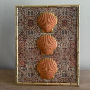Terracotta Scallop Trio on Persian Rug in Gold Bamboo Frame