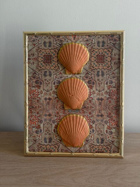 Terracotta Scallop Trio on Persian Rug in Gold Bamboo Frame