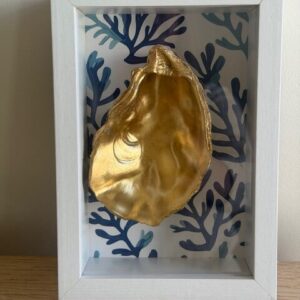 Gold Oyster on Blue Coral Watercolor in White Shadow Box